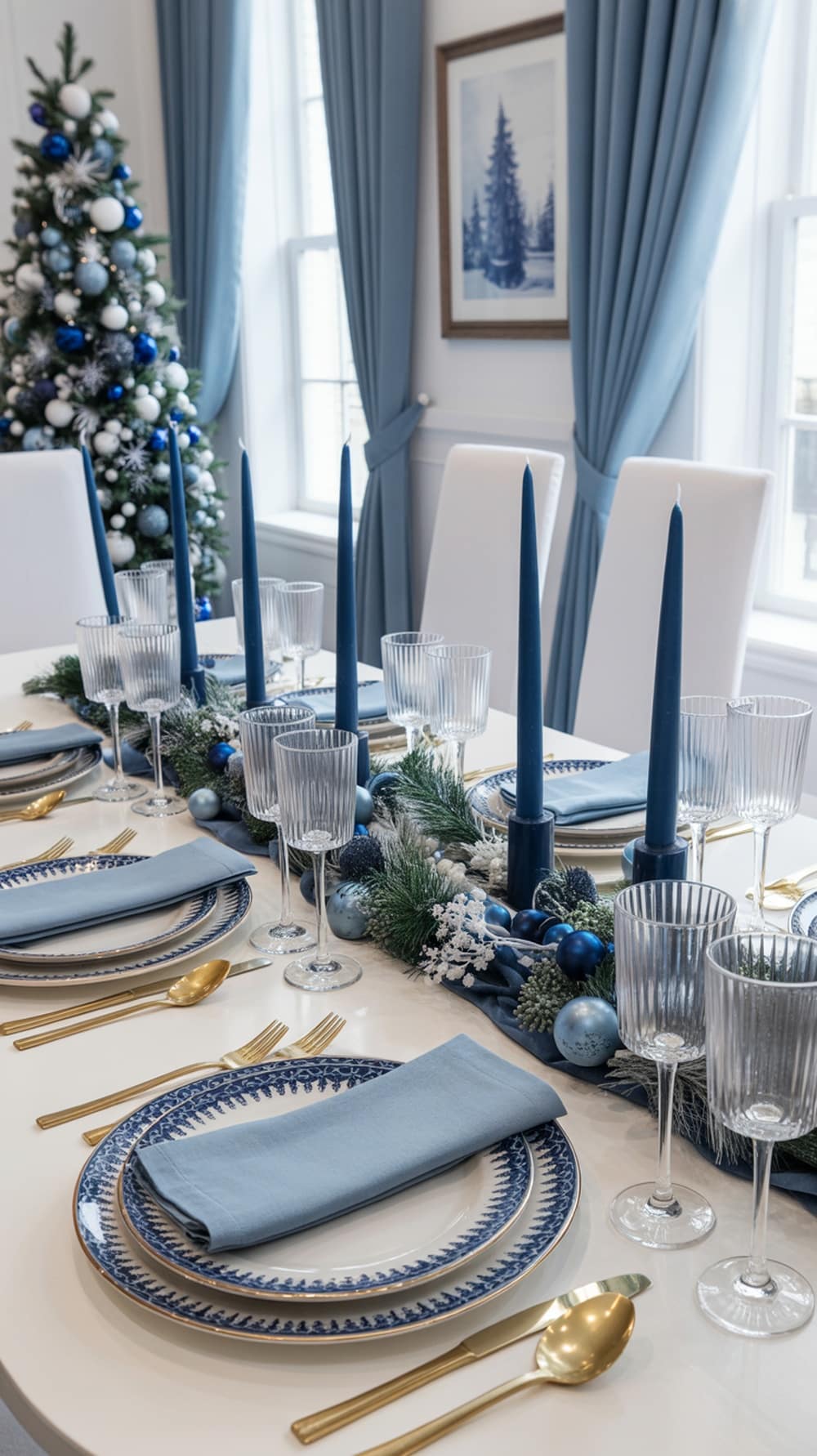 A beautifully set blue and white tablescape with candles, plates, and glassware.
