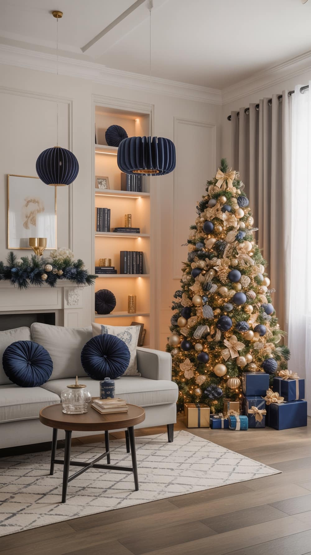 A cozy living room decorated for Christmas with a navy and gold theme, featuring a beautifully adorned Christmas tree.