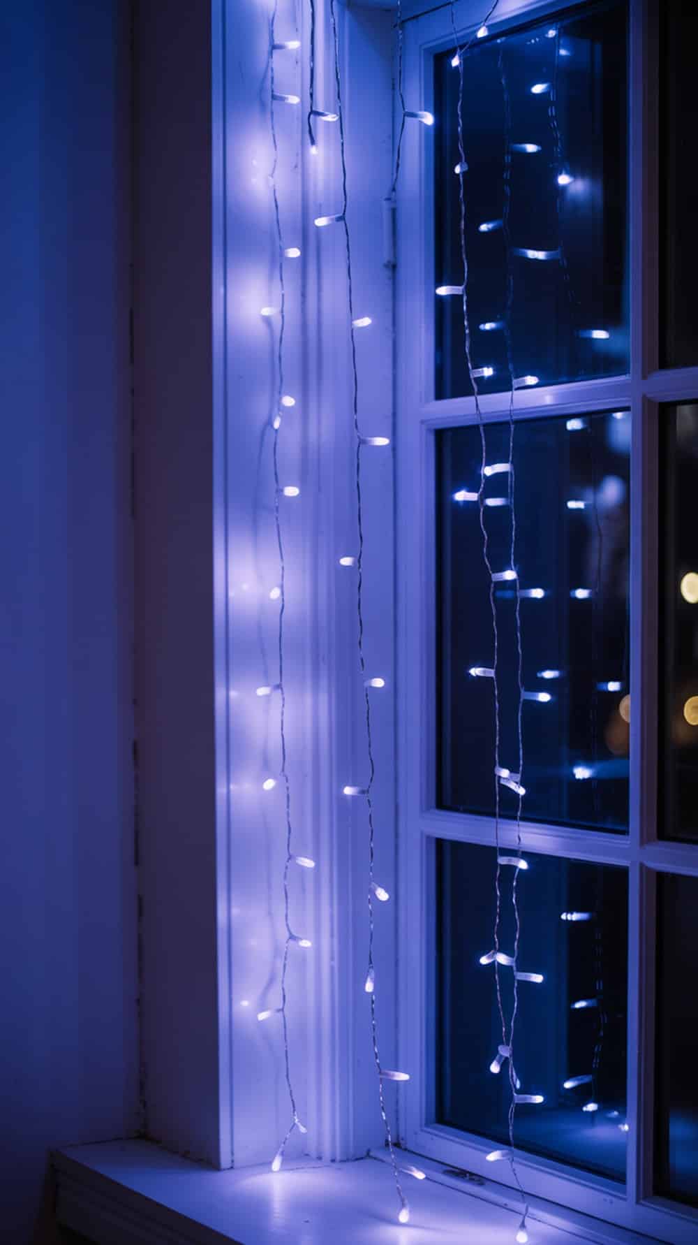 Midnight blue fairy lights hanging by a window