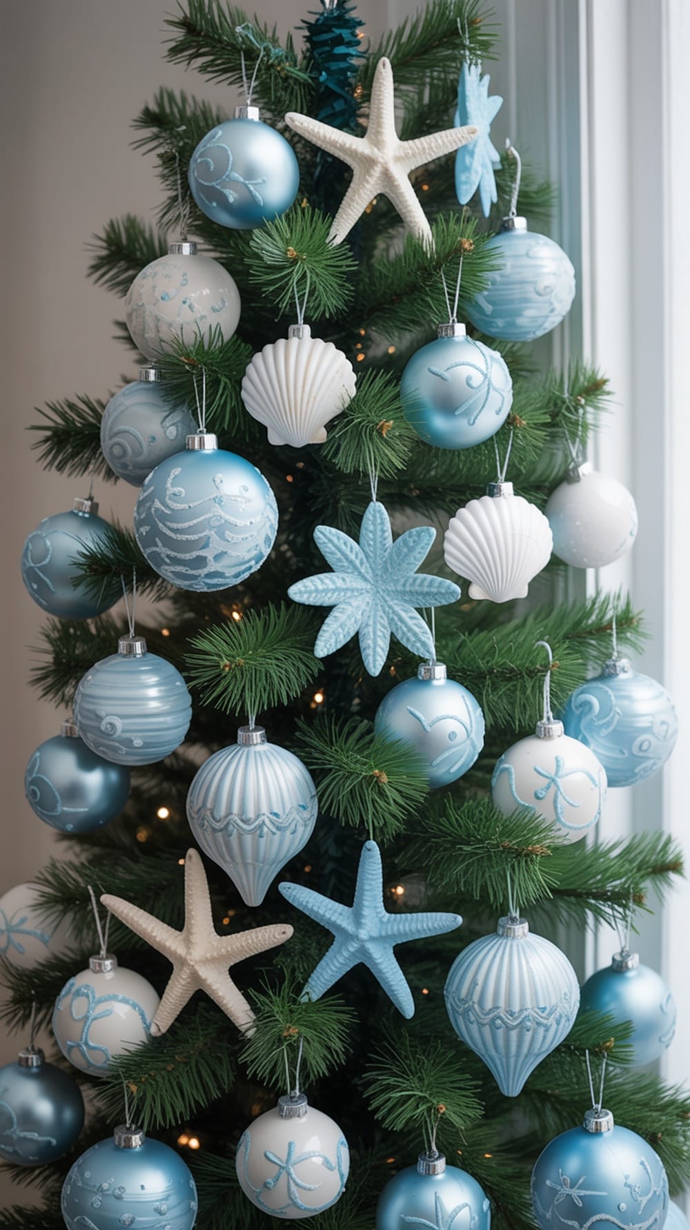 A Christmas tree decorated with blue ocean-inspired ornaments, including starfish and seashells.