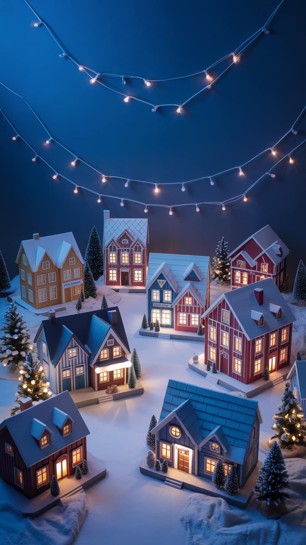 A cozy blue Christmas village with miniature houses, snowy rooftops, and twinkling lights.