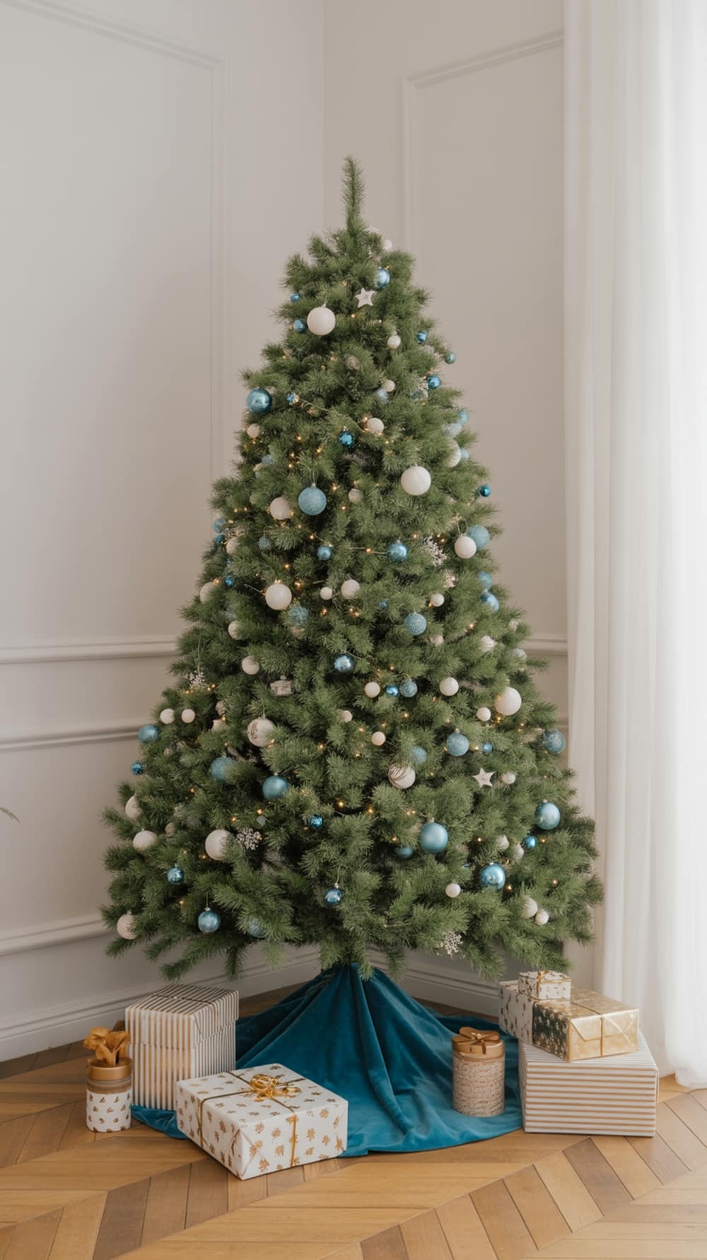 A Christmas tree with blue and white ornaments, surrounded by gifts, featuring an azure tree skirt.