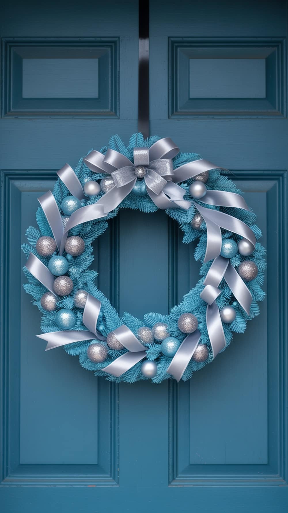 A beautiful icy blue wreath adorned with silver ornaments and ribbons, hanging on a blue door.