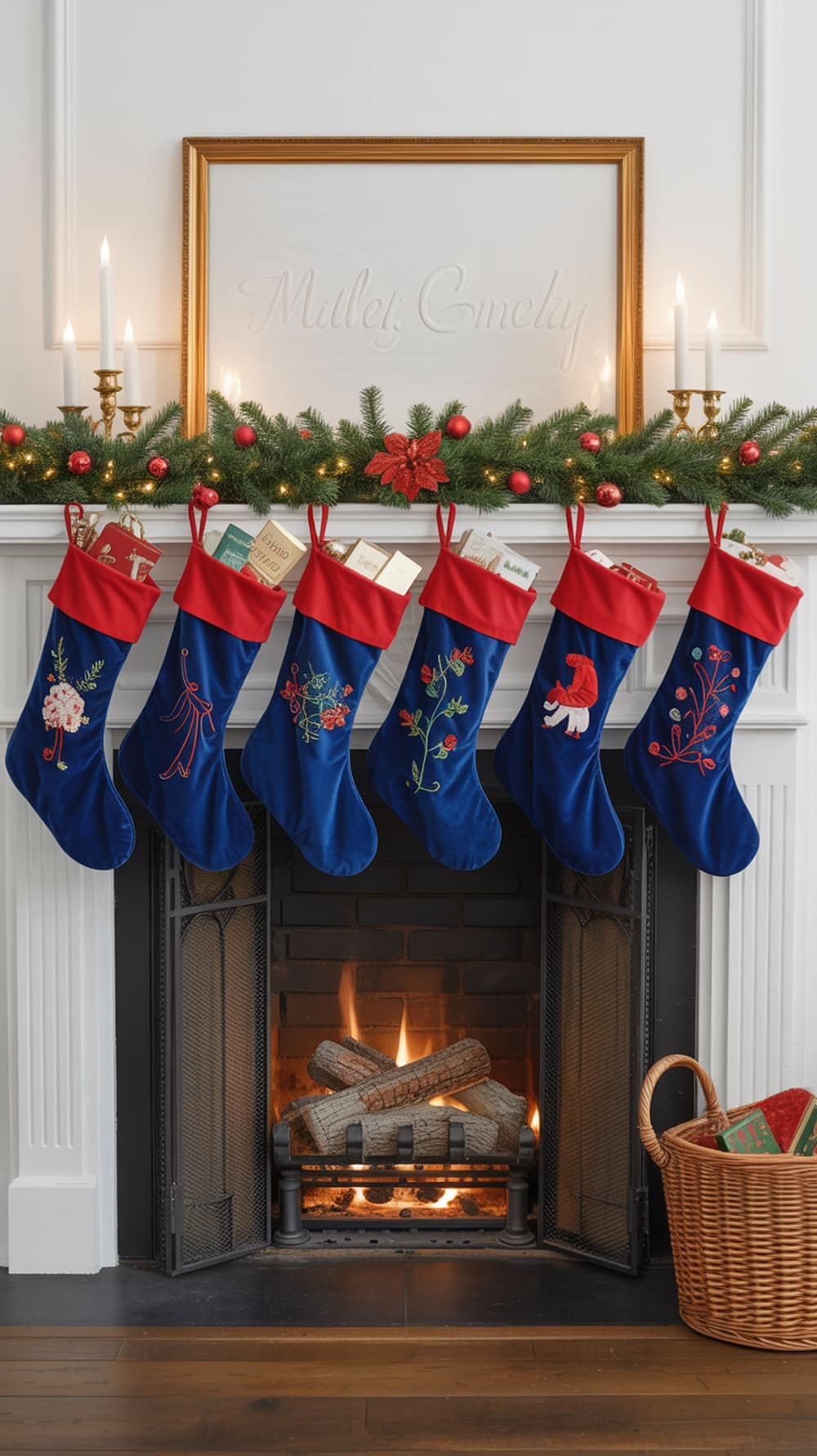 A row of blue velvet stockings with red tops, hanging on a fireplace mantel decorated with greenery and candles.