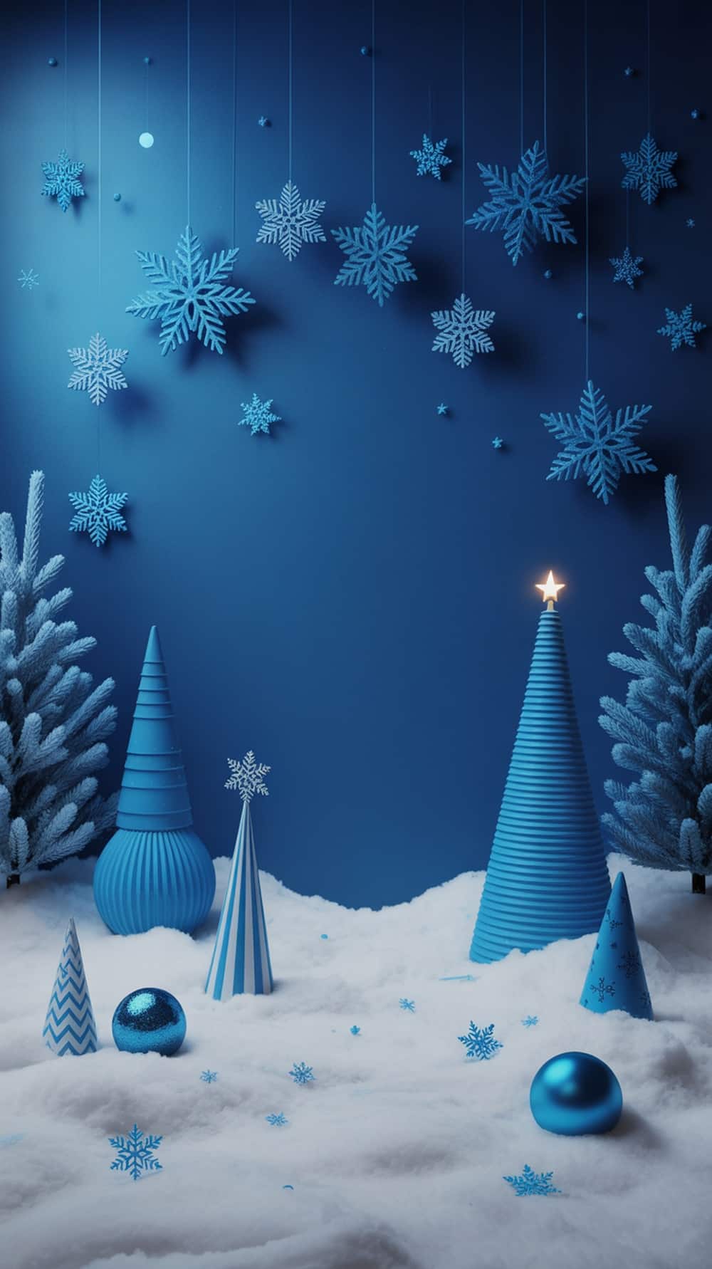 A winter-themed display featuring blue decorations, snowflakes, and snowy textures.