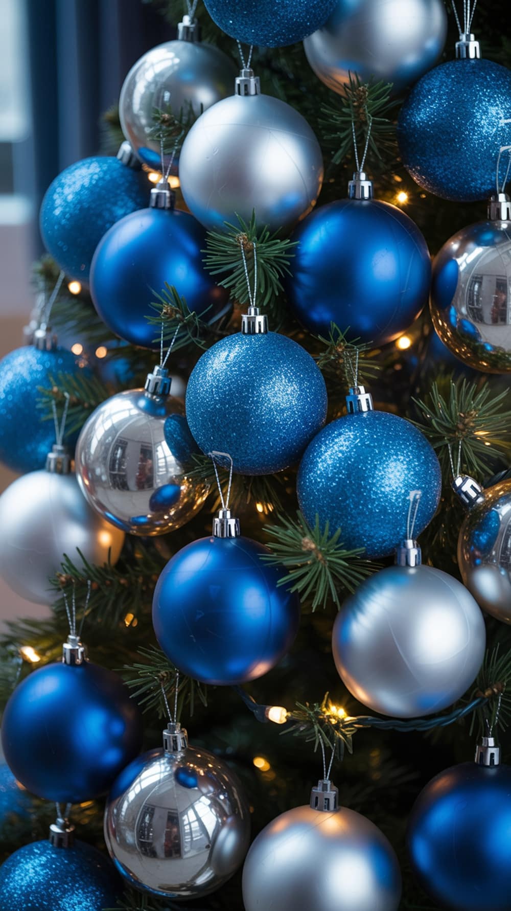 A close-up of a Christmas tree decorated with blue and silver baubles, showcasing various textures and sizes.