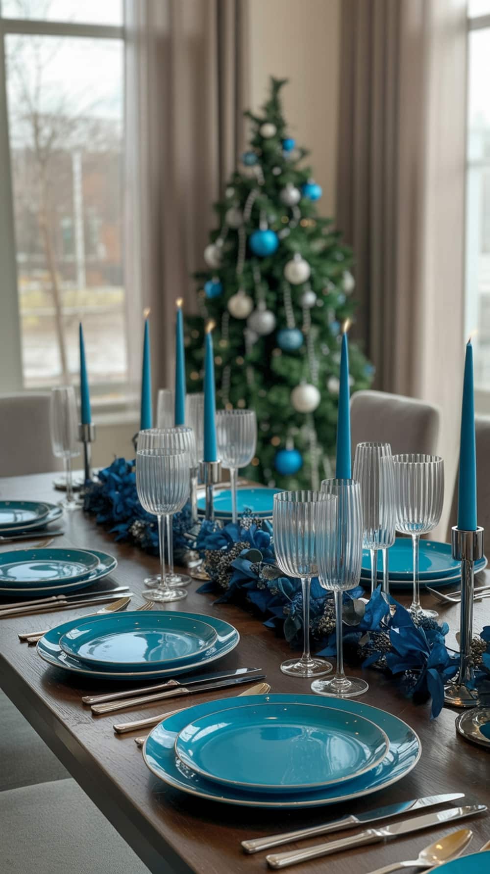 A beautifully set table with cerulean plates, clear glassware, and blue candles, with a decorated Christmas tree in the background.