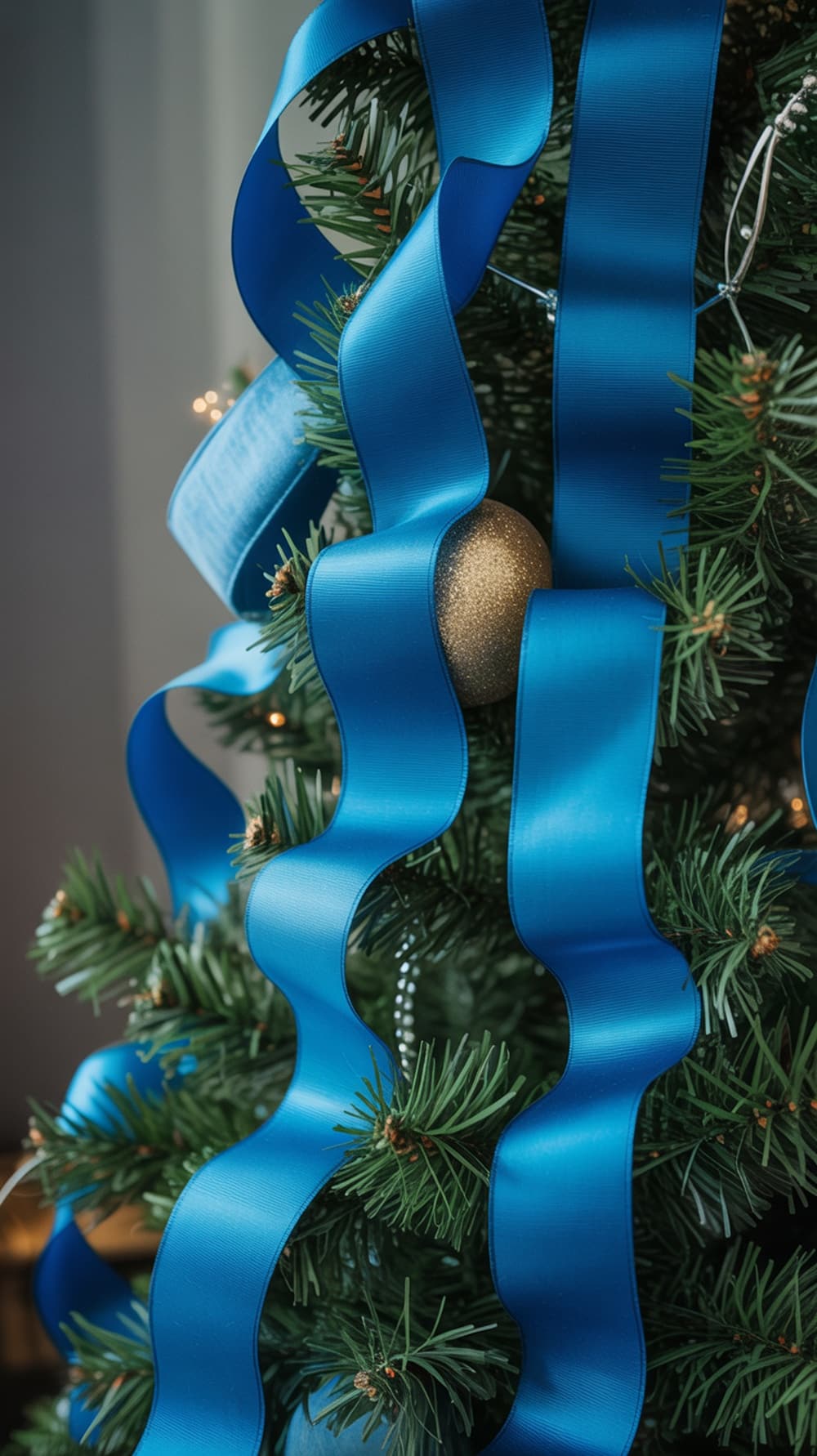 Close-up of sapphire blue ribbons draped on a Christmas tree with a gold ornament.