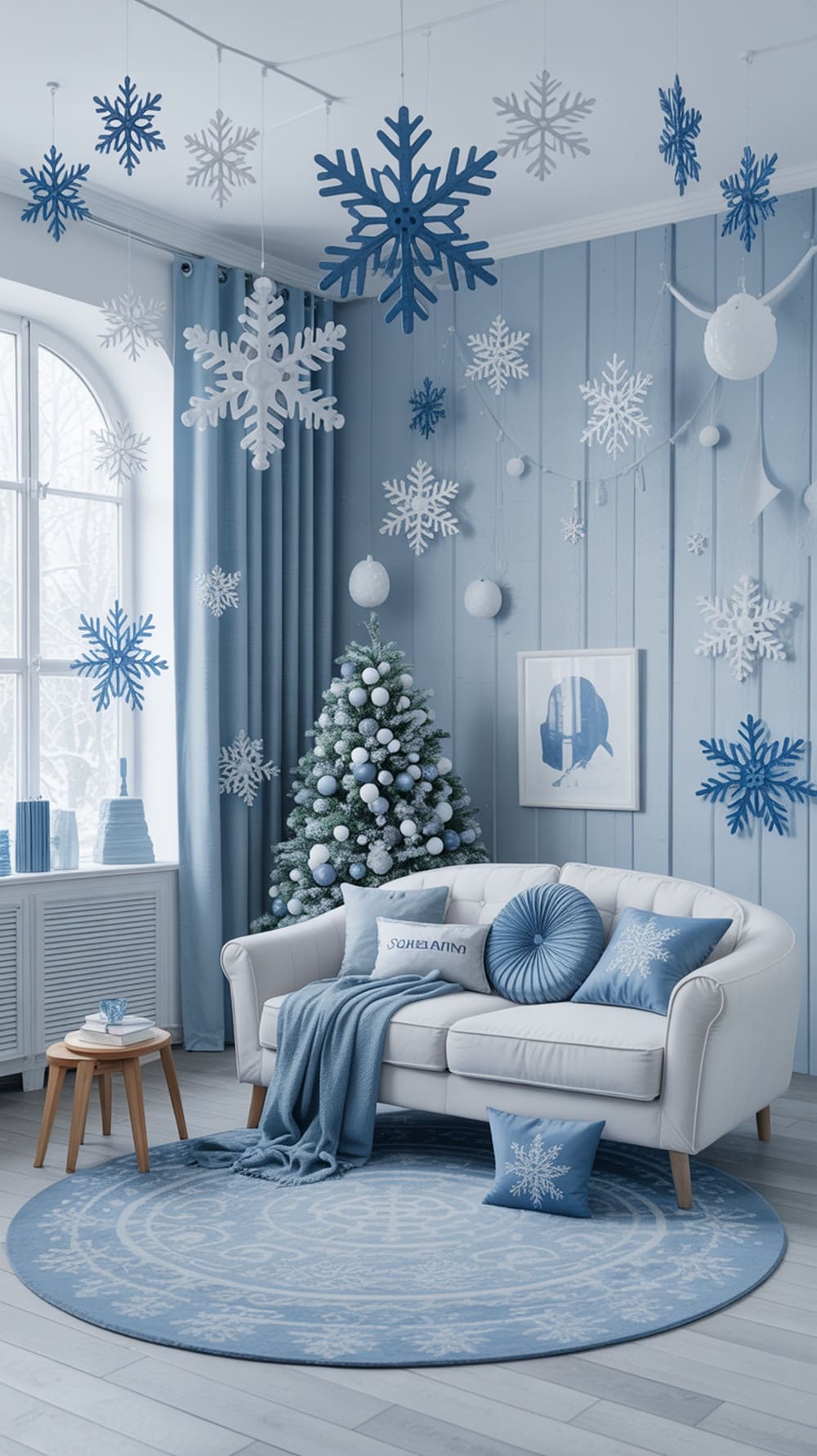 A cozy room decorated in blue and white with snowflake ornaments, a Christmas tree, and soft furnishings.