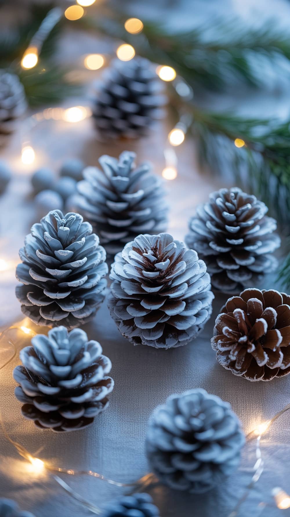 Frosted blue pinecones arranged with string lights and greenery