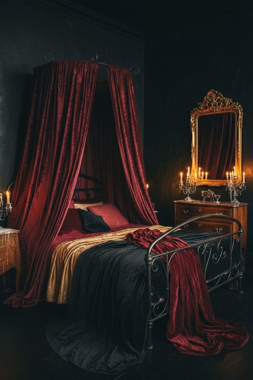 Dark feminine bedroom with burgundy velvet canopy
