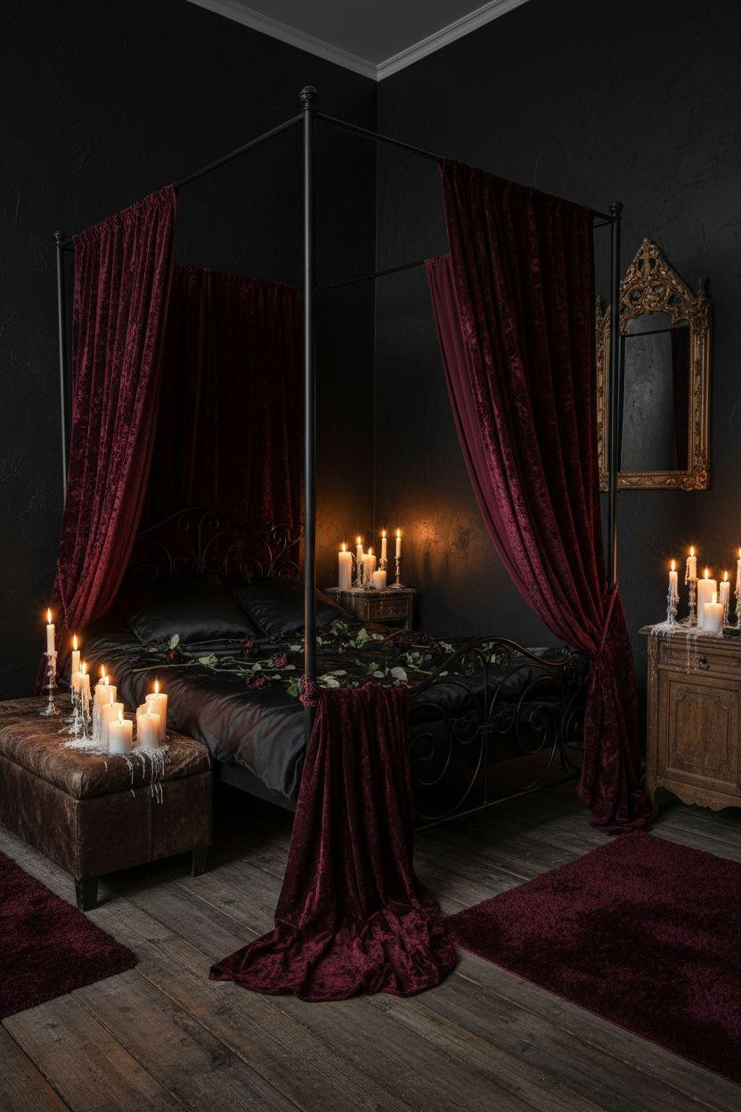 Dark feminine bedroom with romantic goth canopy