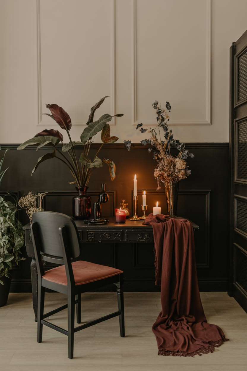 Dark green and black Victorian writing desk with candles and dried flowers