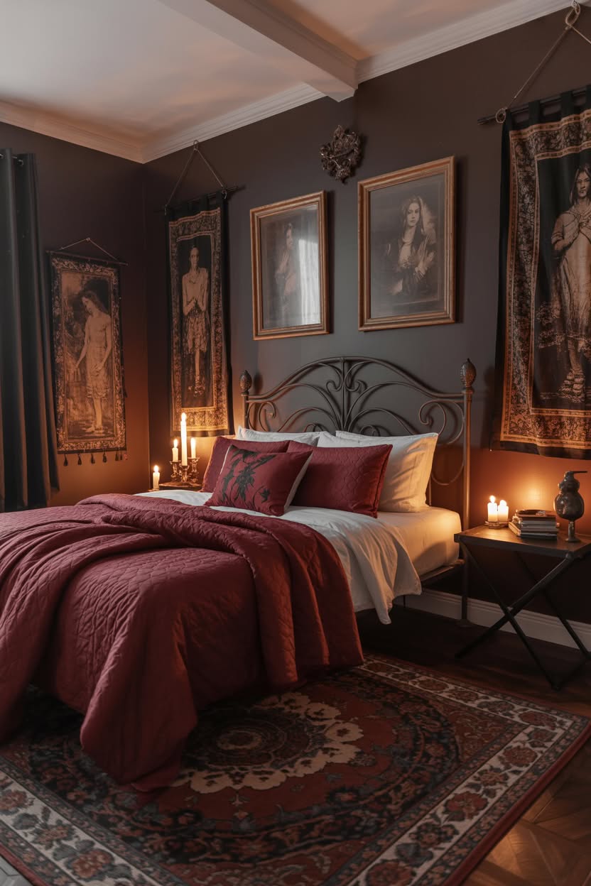 Dark grey walls with vintage tapestries and iron bed with burgundy bedding