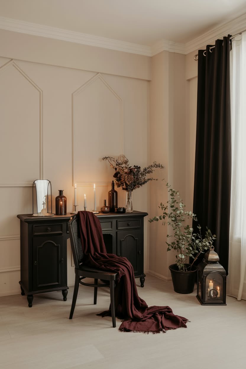 Black vintage vanity with burgundy throw and dried flowers neutral walls