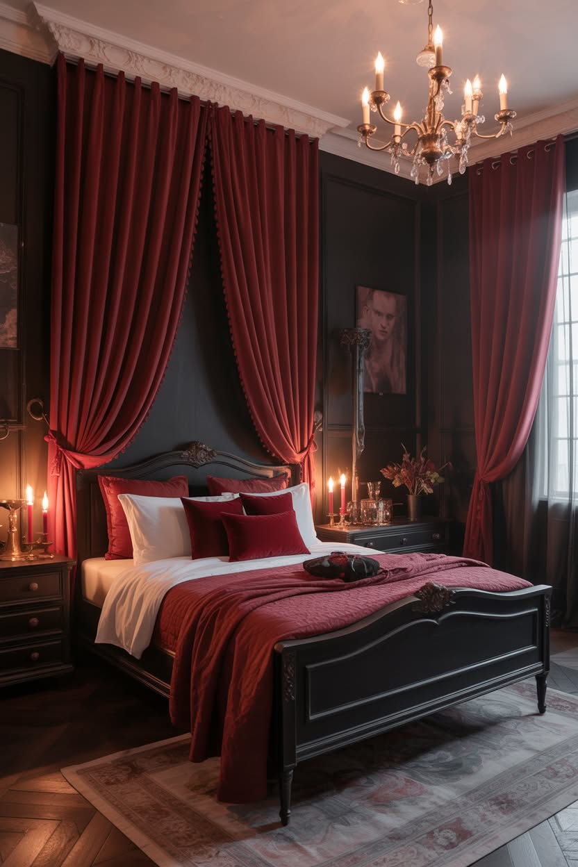 Black bed with red velvet bed curtains and crystal chandelier