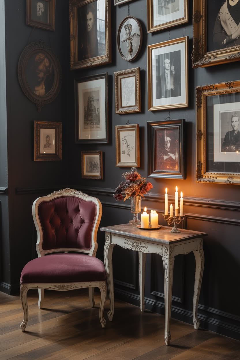 Gothic still life with skull candles roses and vintage books