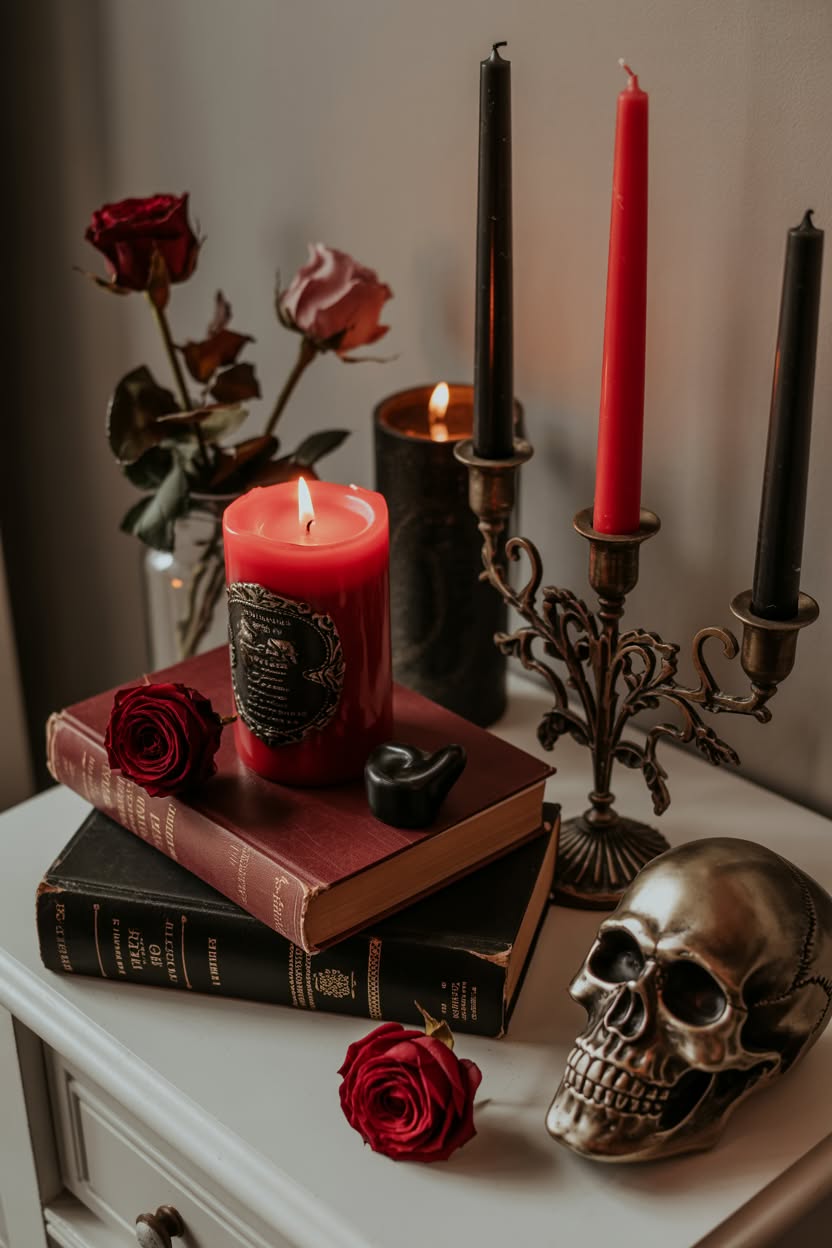Grey paneled walls with black bed and vintage portrait white bedding