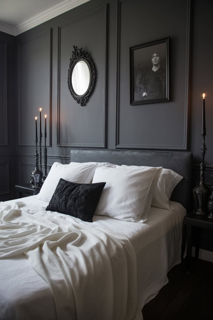Deep purple walls with black iron bed and burgundy bedding