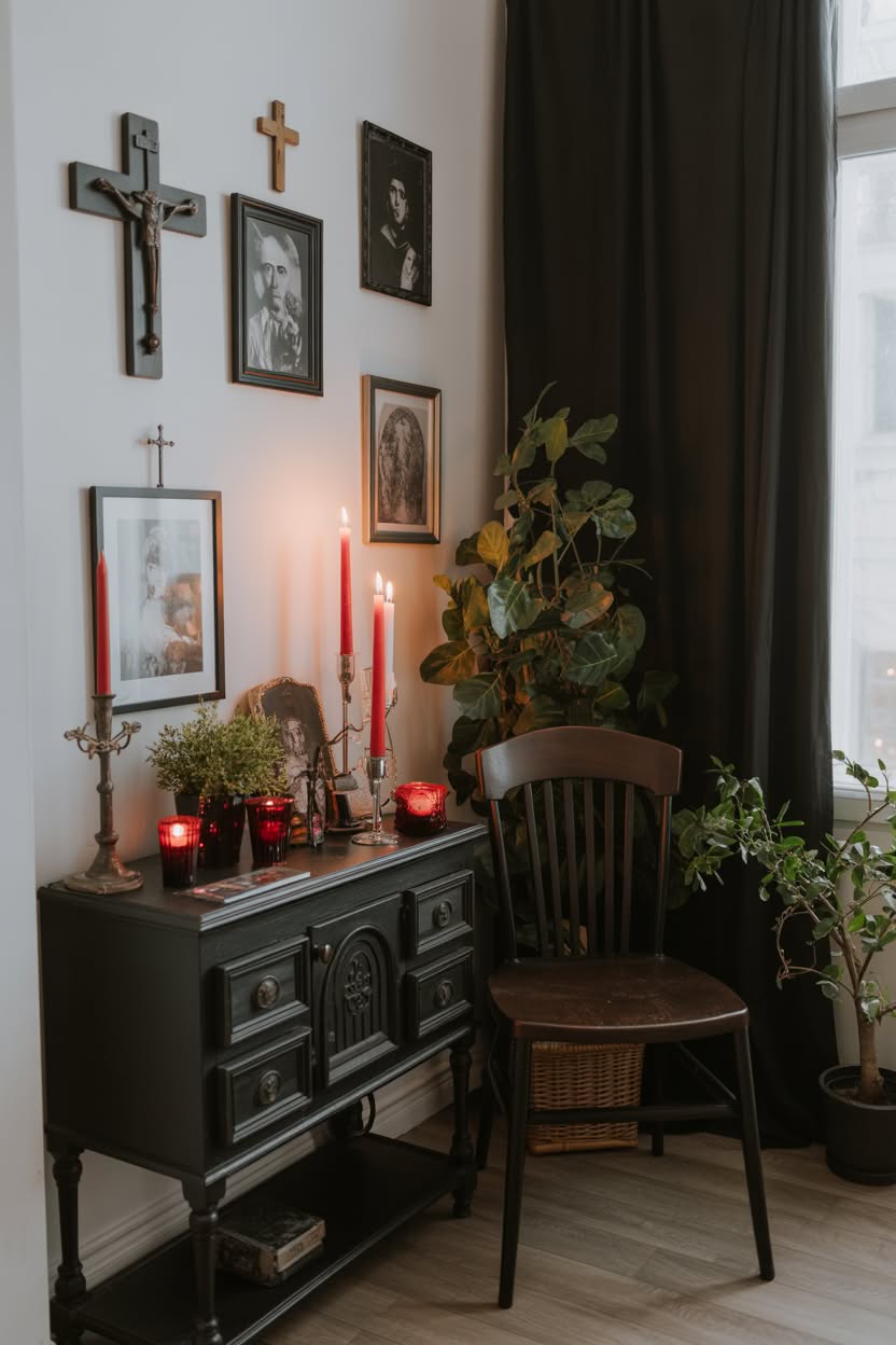 Dark green walls with burgundy velvet canopy and chandelier