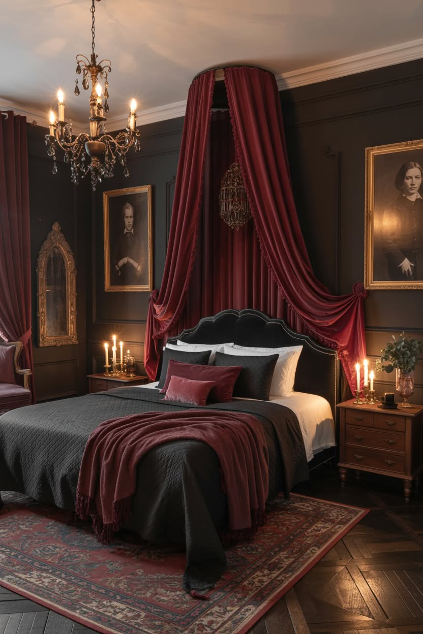 Charcoal walls with ornate gold mirrors and burgundy bedding
