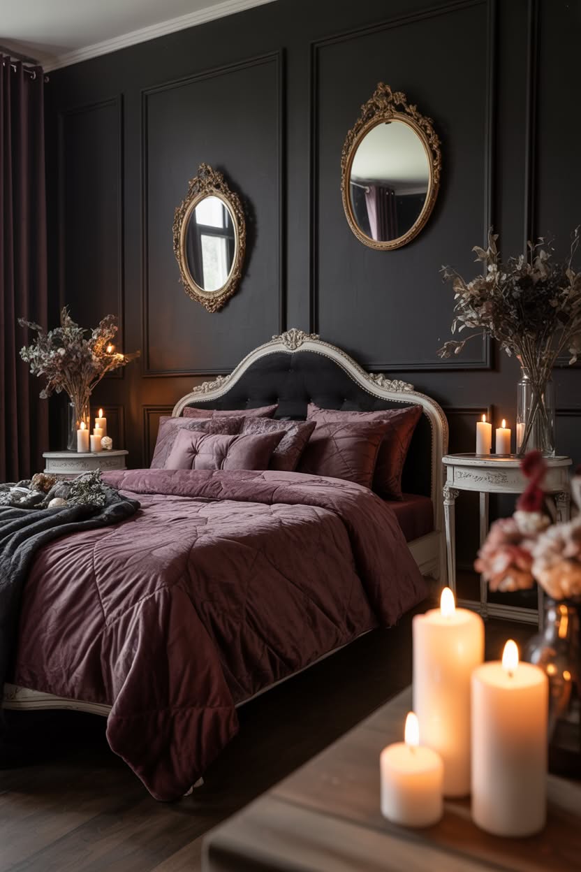 Mauve walls with black iron bed white canopy curtains and vintage art