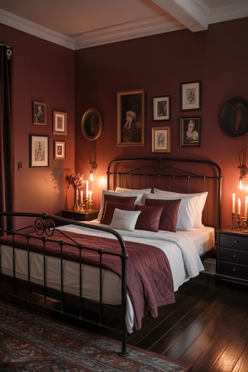 Burgundy bedroom with black iron bed and vintage portrait gallery wall