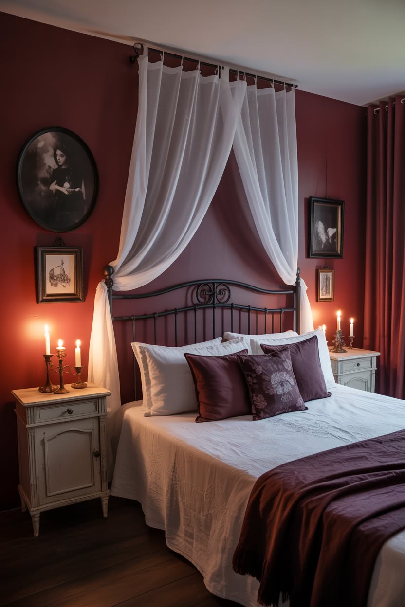 Dark blue walls with extensive portrait gallery and burgundy velvet chair