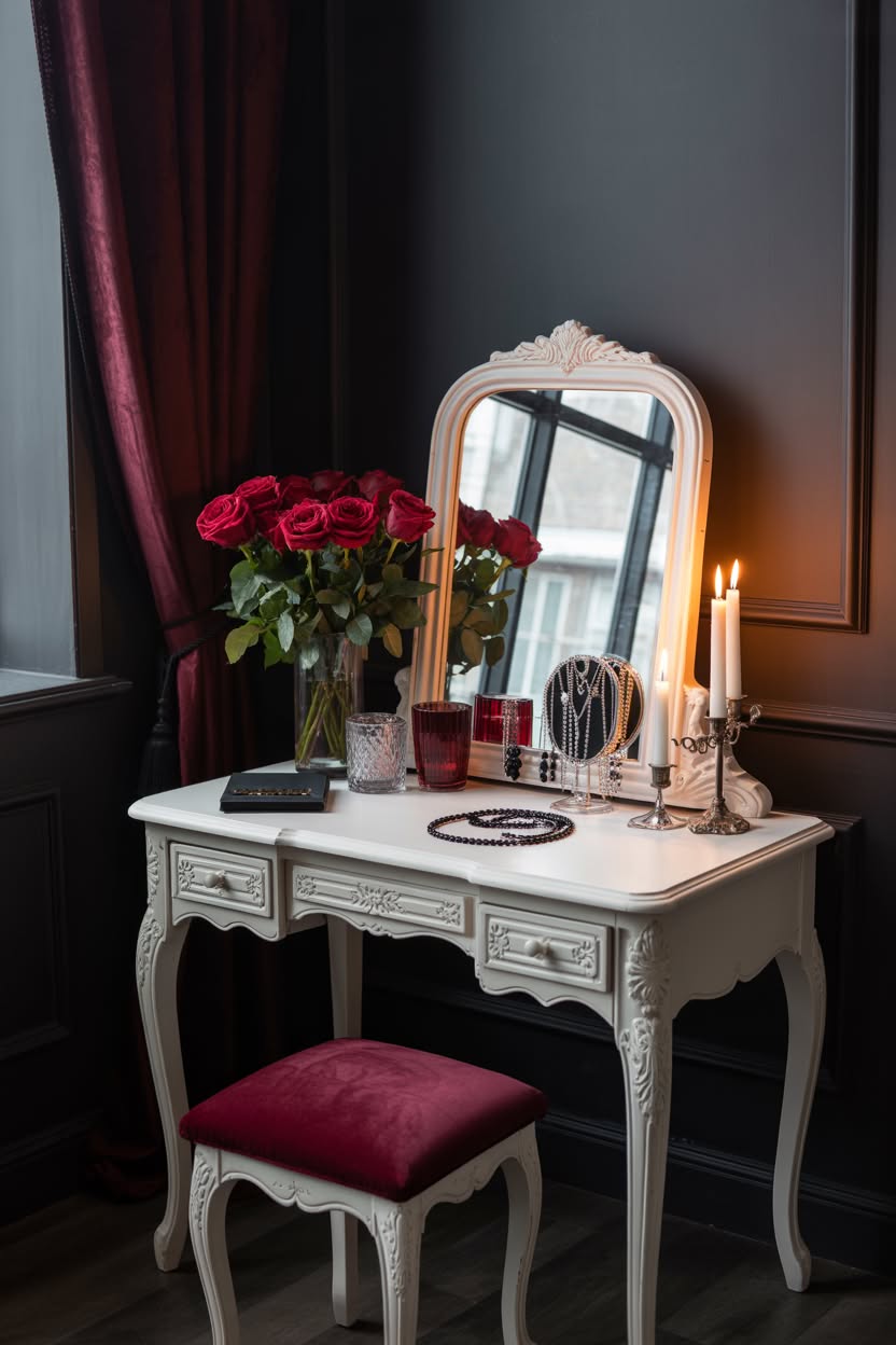 White French vanity against dark walls with burgundy curtains and roses