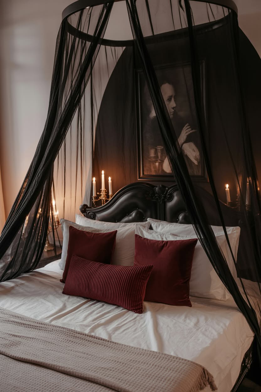 Black canopy bed with sheer black draping and burgundy pillows