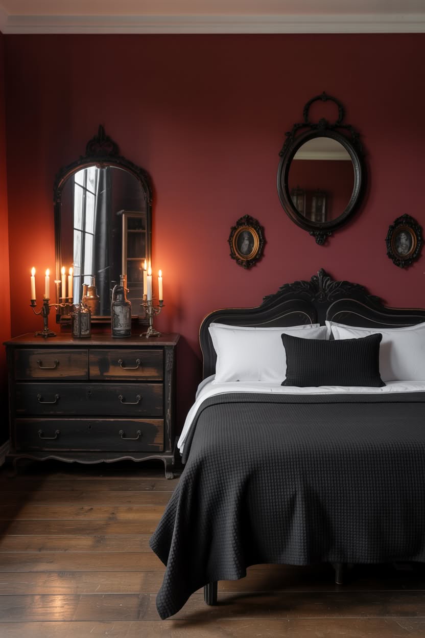 Terracotta walls with black ornate bed and antique mirrors