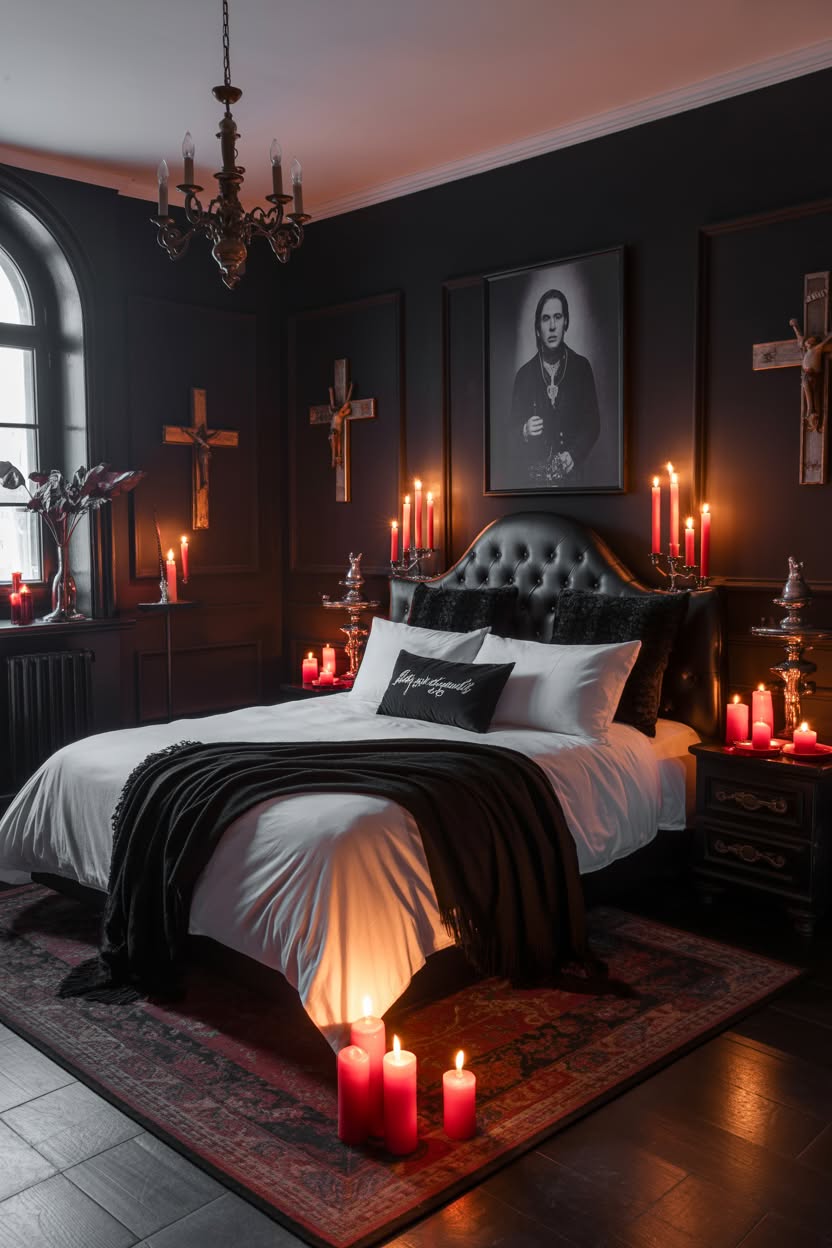 Black walls with religious artwork crosses and candles gothic bedroom