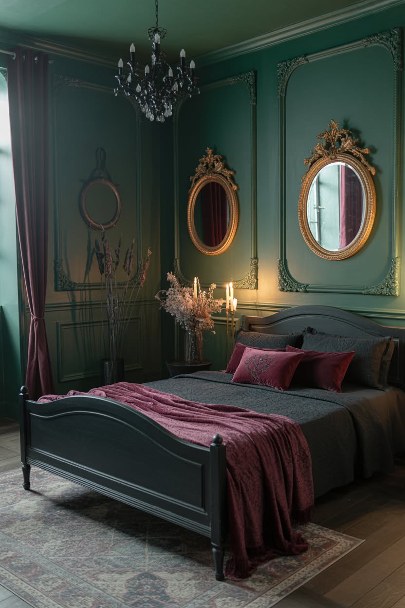 Emerald green walls with black chandelier and burgundy bedding