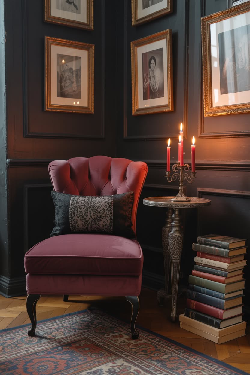 Pink velvet chair in dark corner with vintage portraits and candles
