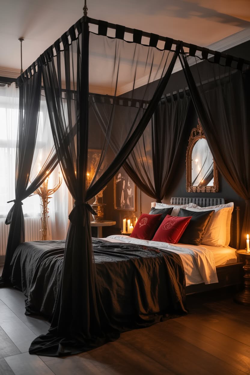 Black four poster bed with sheer black canopy and orange accent pillows