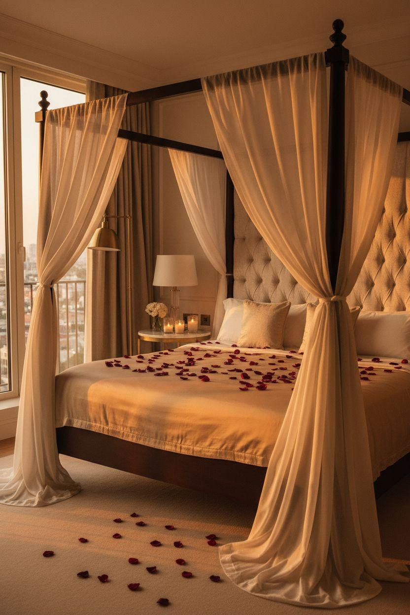 Boutique hotel bedroom Ideas - four-poster bed with sheer canopy