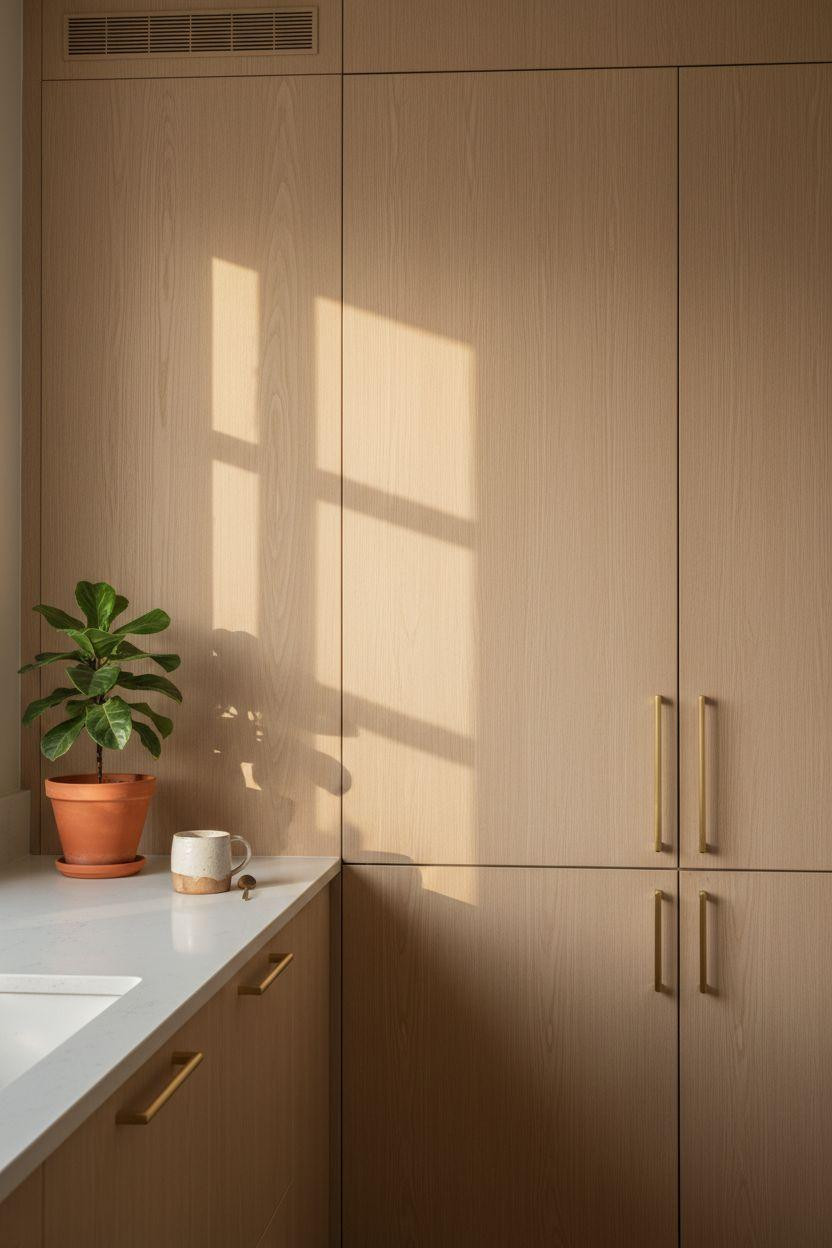 japandi kitchen design with tall light wood cabinets