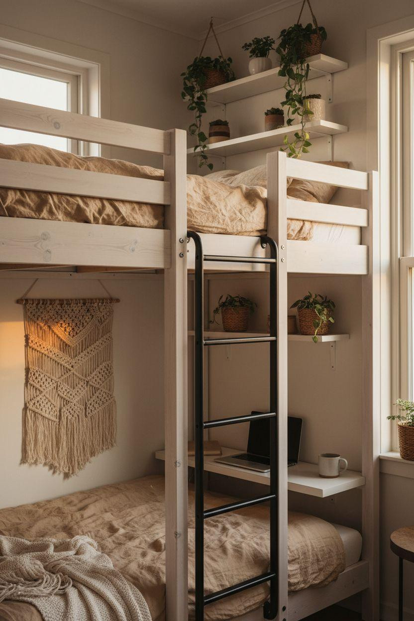 Loft Bed Decorating Ideas - Scandinavian white loft bed with floating shelves and plants
