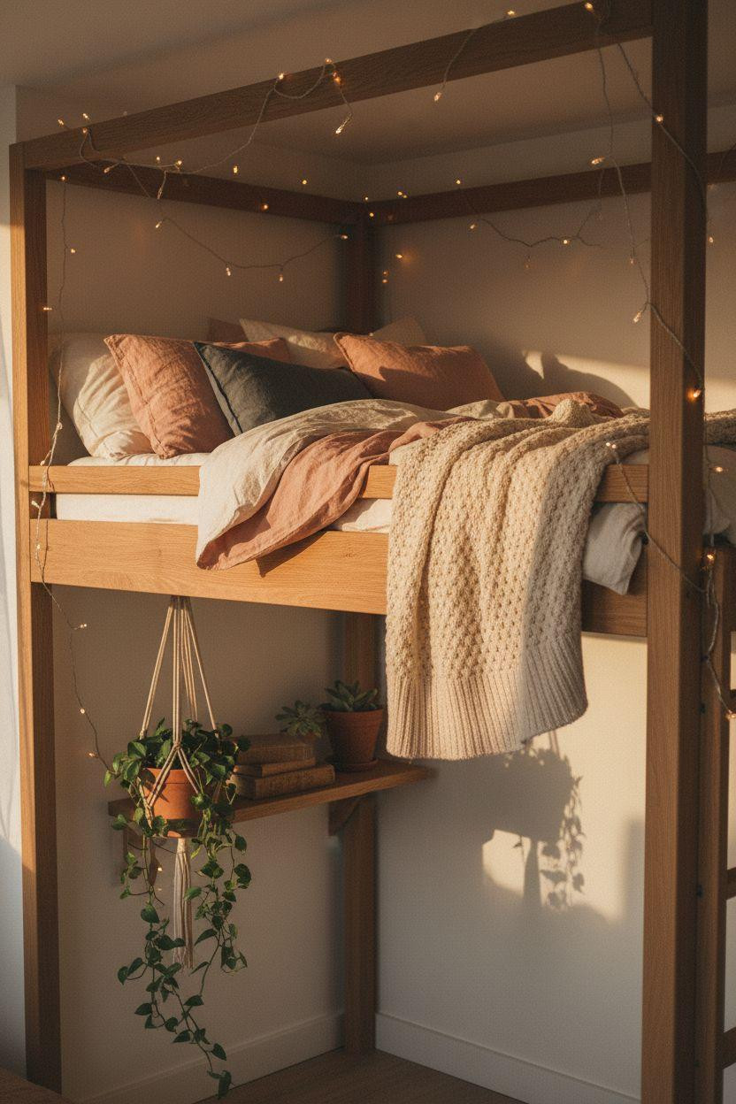 Loft Bed Decorating Ideas - Scandinavian loft bed with cozy textiles and fairy lights