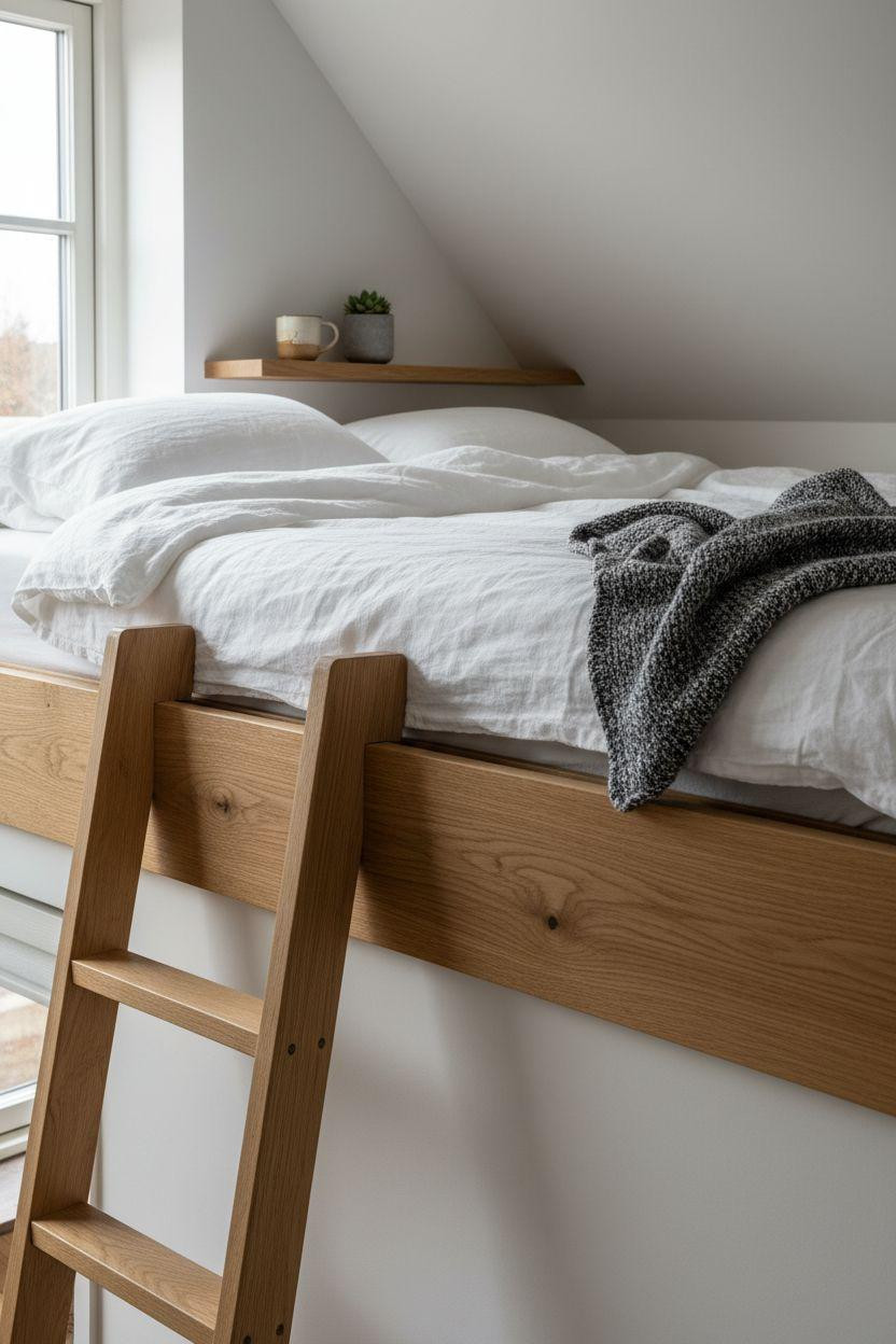 Loft Bed Decorating Ideas - Scandinavian loft bedroom with natural oak ladder