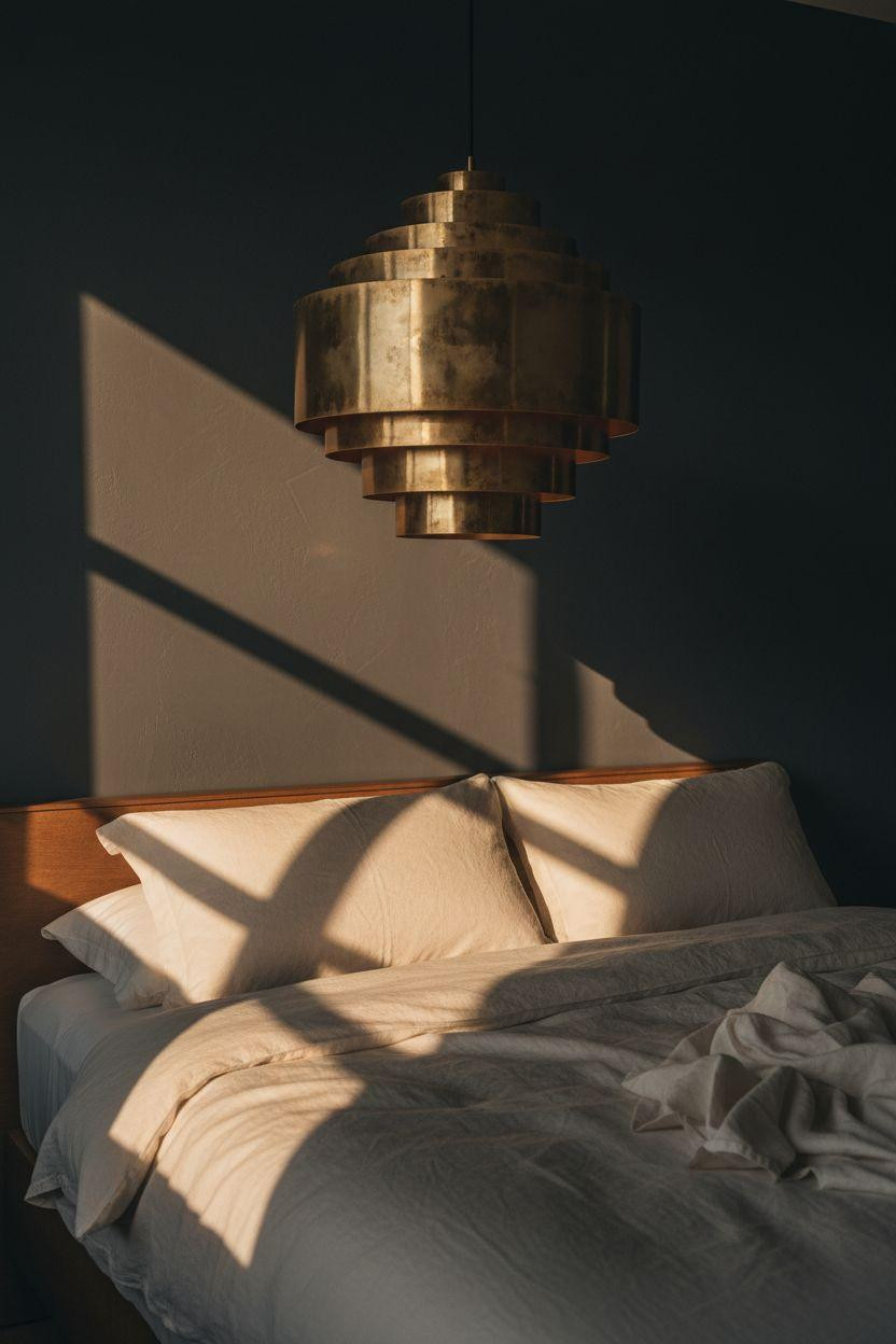 Boutique hotel bedroom Ideas - brass pendant with geometric shades