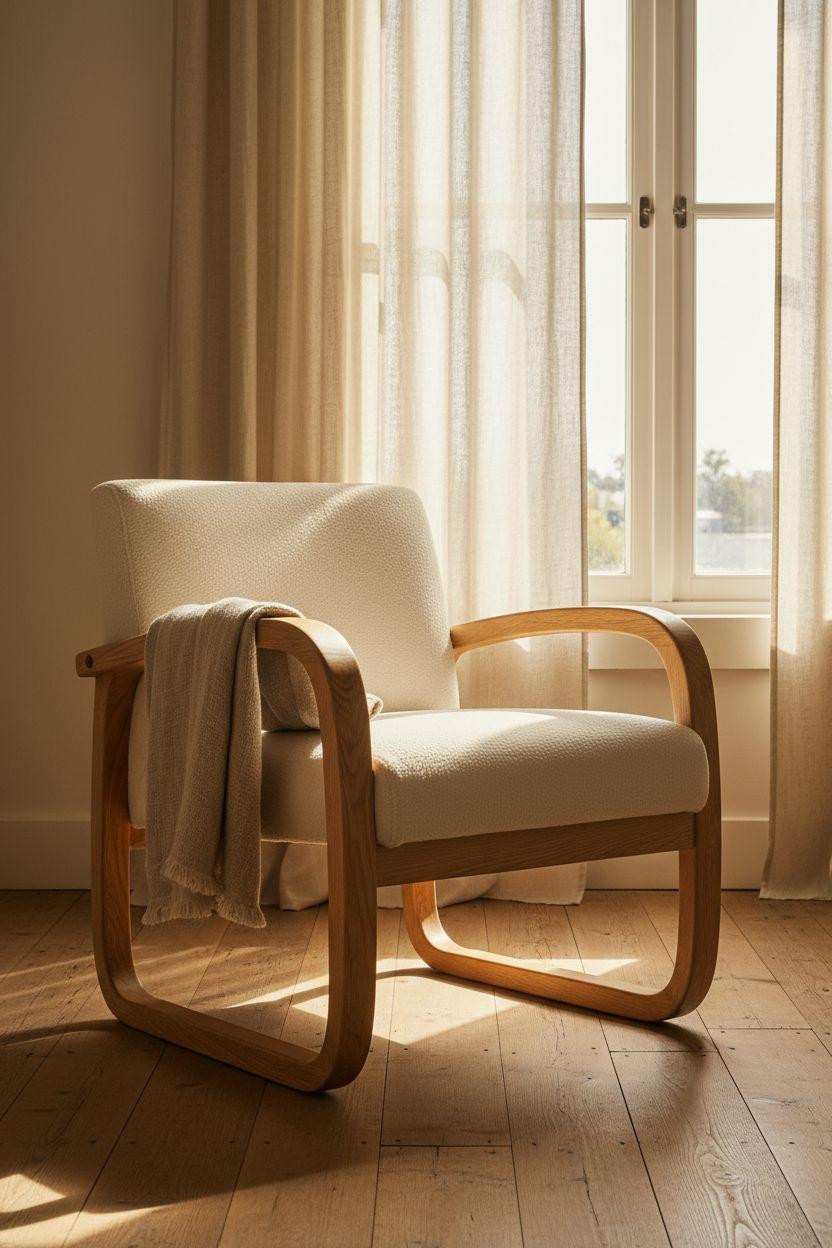 Neutral Bedroom Decor - neutral accent chair with curved wooden armrests