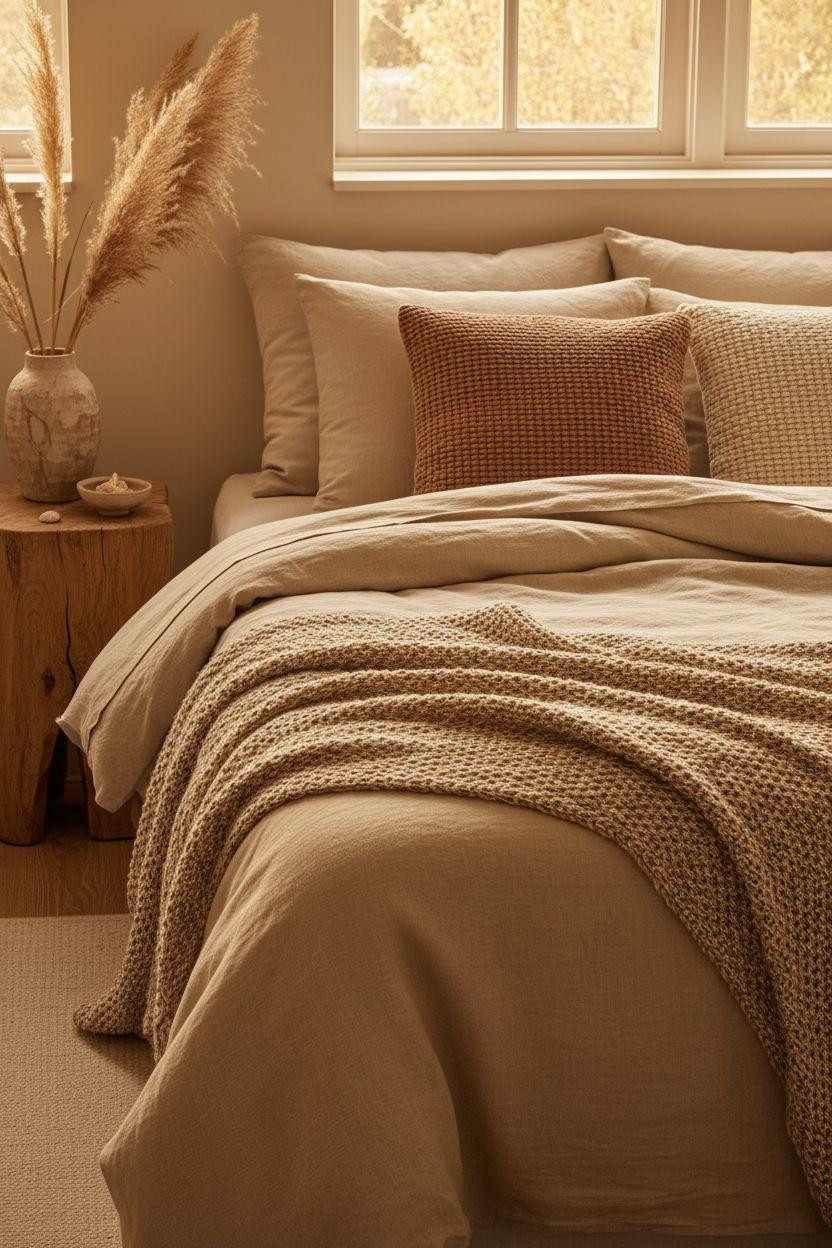 Neutral Bedroom Decor - beige bedroom with layered linen and chunky knit throw