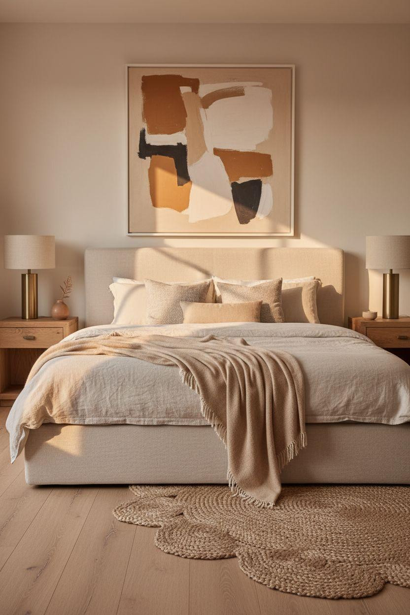 Boutique hotel bedroom Ideas - linen platform bed with neutral tones