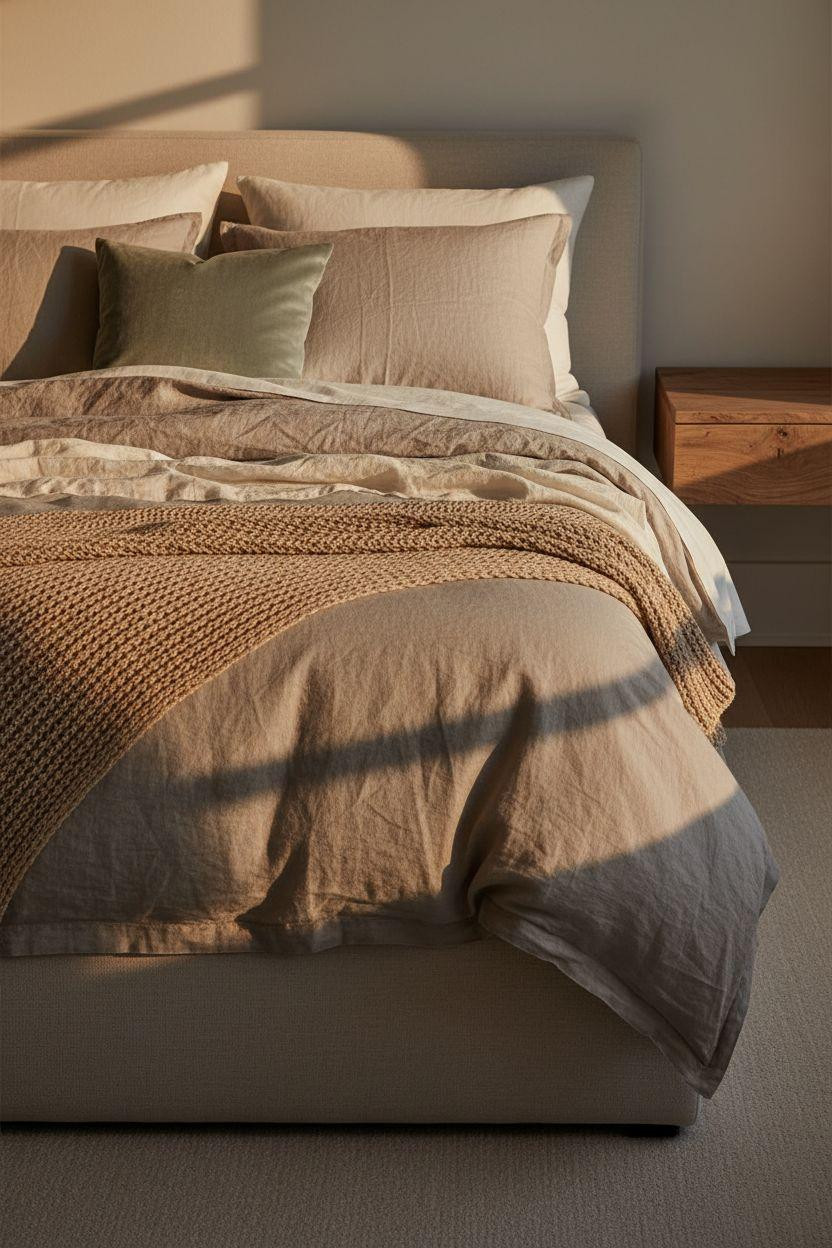 Neutral Bedroom Decor - greige bedroom with linen-upholstered platform bed