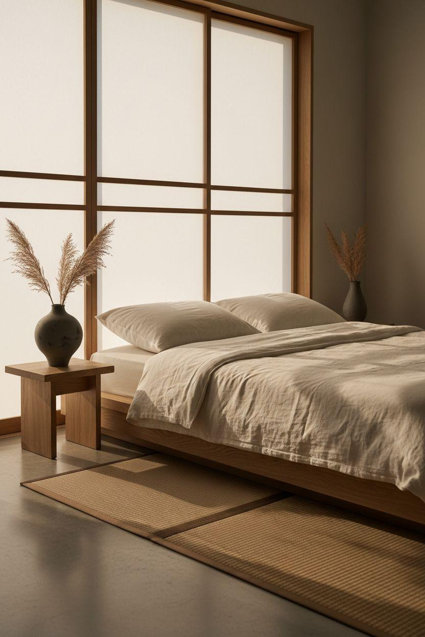 Neutral Bedroom Decor - Japandi bedroom with natural oak platform bed