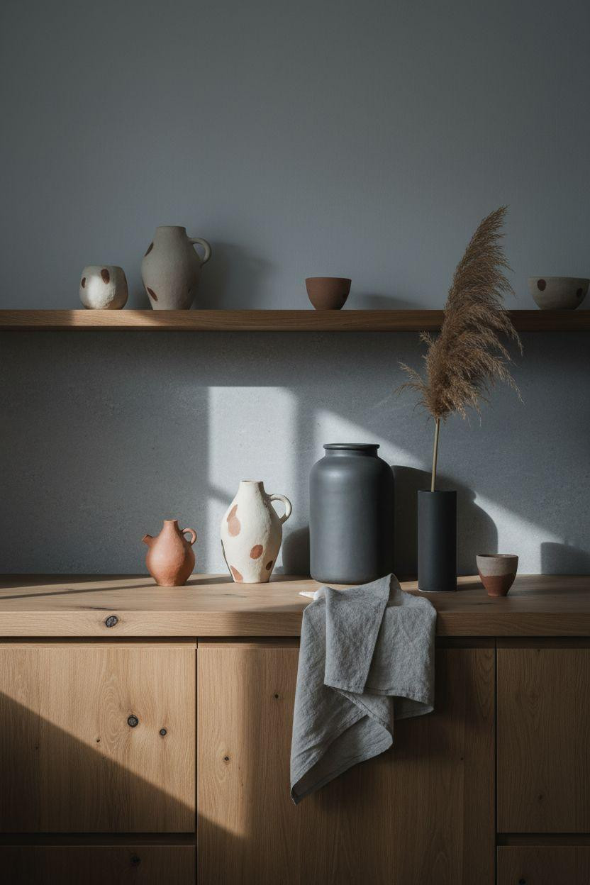 japandi kitchen design cooking space with ceramic storage