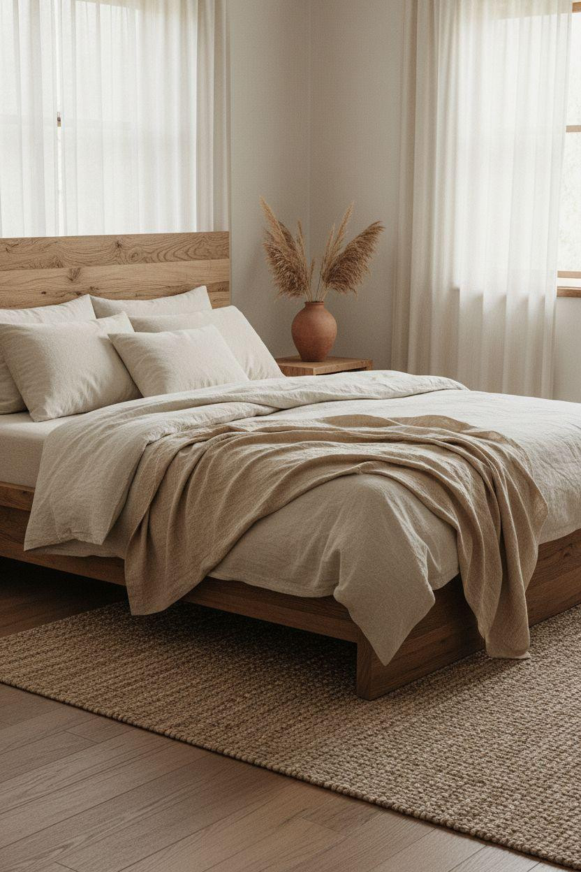 Neutral Bedroom Decor - organic natural bedroom with reclaimed wood platform bed