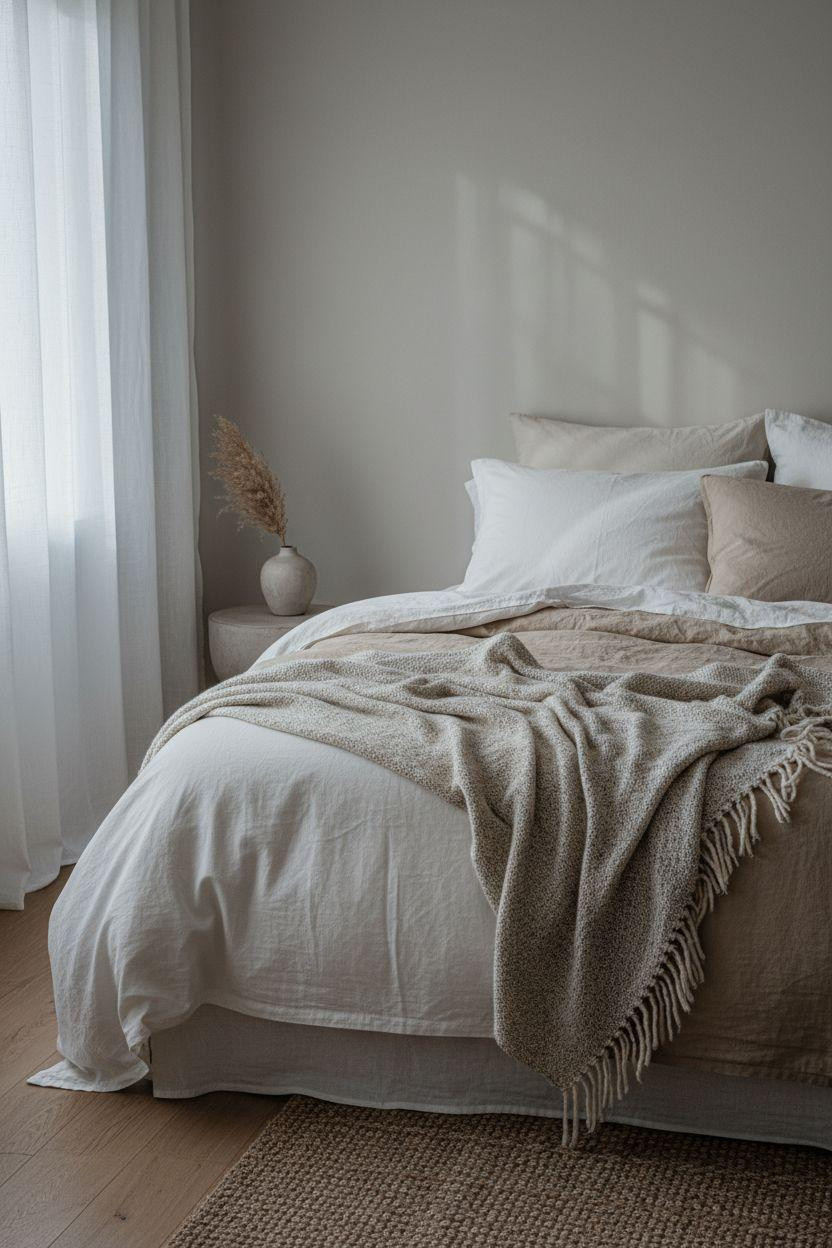 Neutral Bedroom Decor - bedroom corner with layered soft neutral textiles