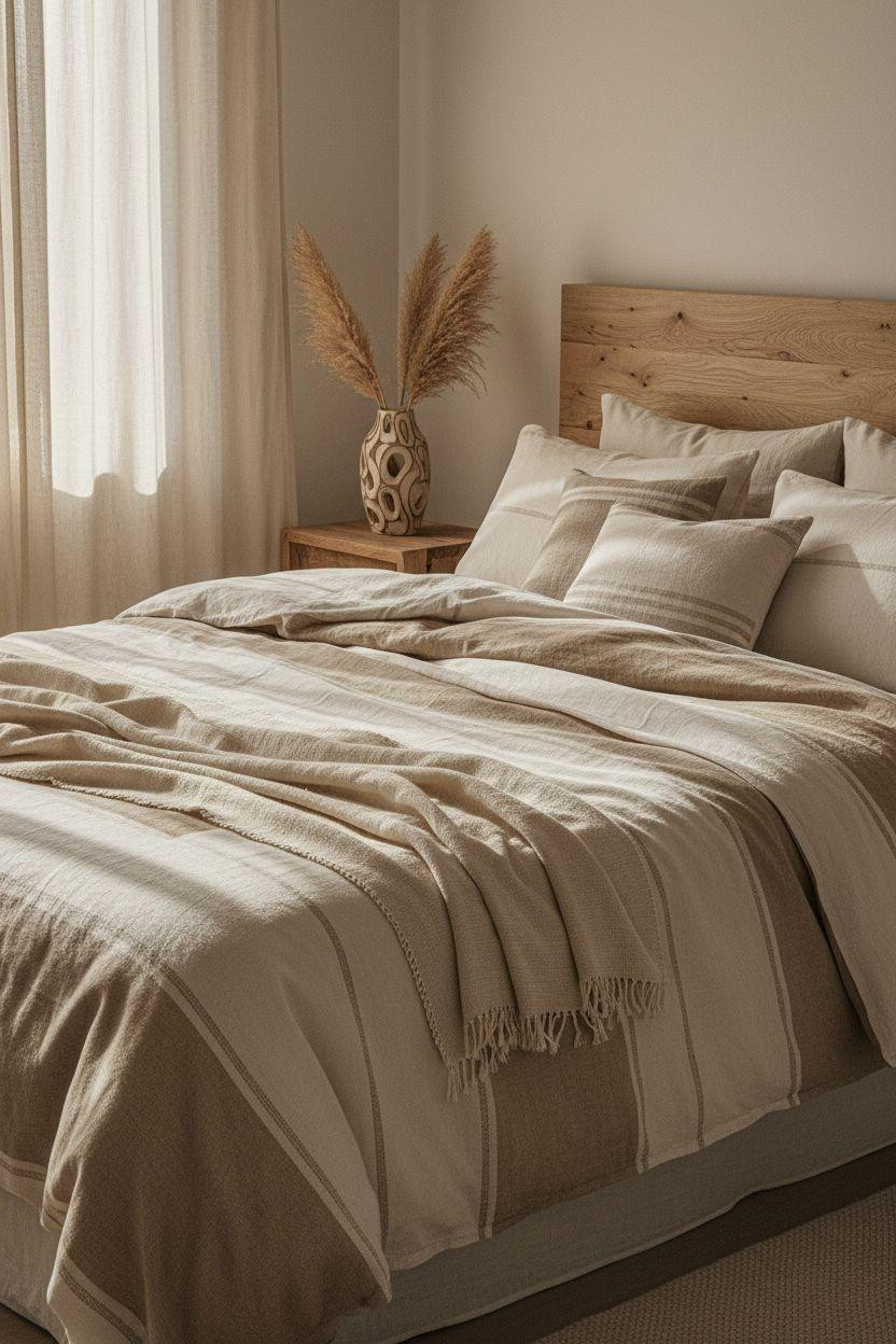 Neutral Bedroom Decor - serene bedroom with Belgian linen bedding layers